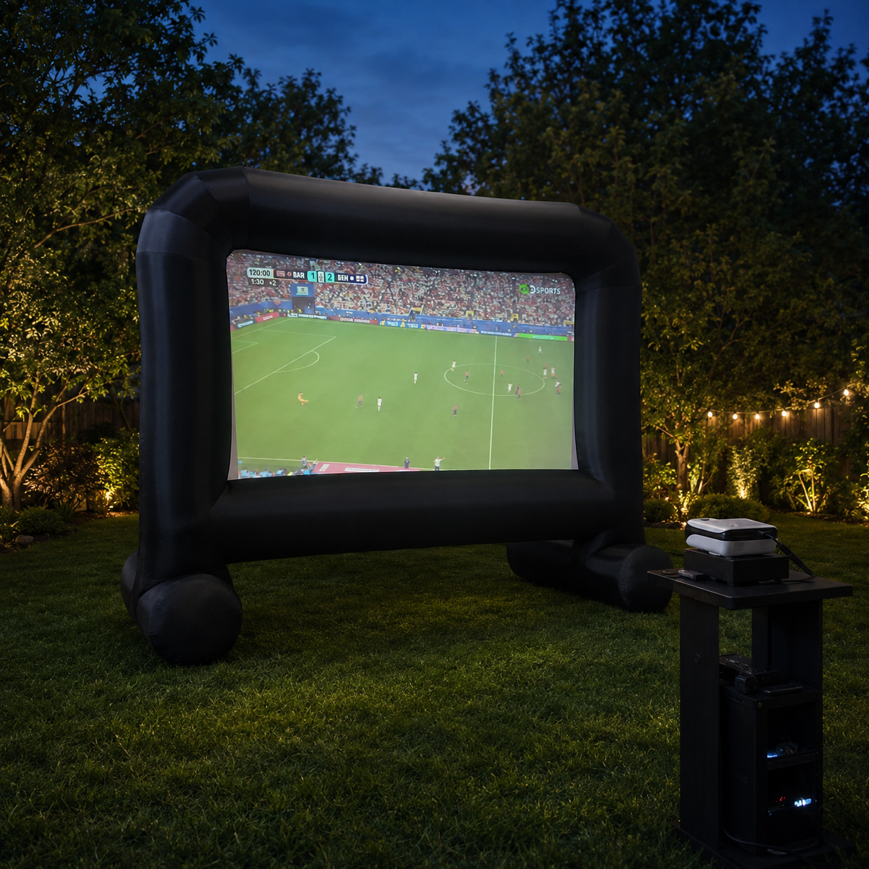 Pantalla de cine inflable instalada en un jardín por la noche